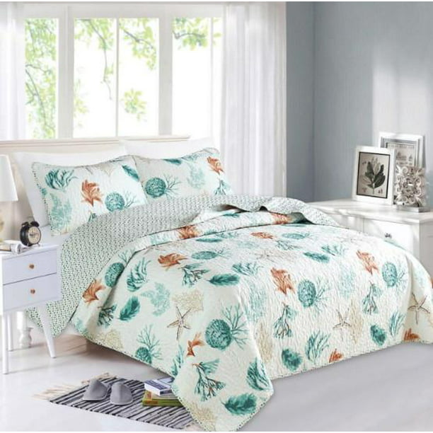 Ocean Quilt Set Full/Queen Size Coastal Beach Theme Bedding Lightweight Reversible Starfish Seashell Conch Bedspread Coverlet Seaweed Coral Bed Cover with 2 Pillow Shams 